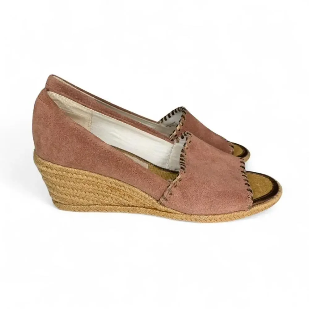 Jack Rogers Palmer Espadrille Wedge Sandals Rose Gold Suede Whipstitch Peep Toe